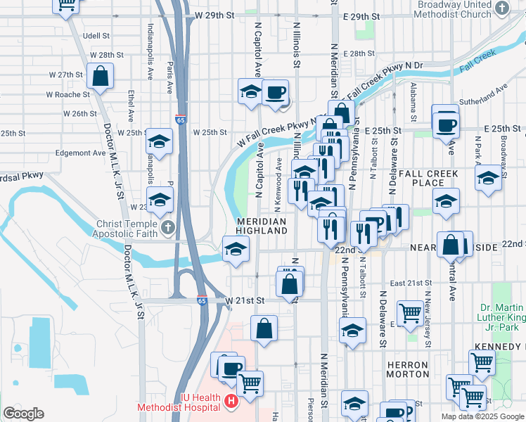 map of restaurants, bars, coffee shops, grocery stores, and more near 2320 North Capitol Avenue in Indianapolis