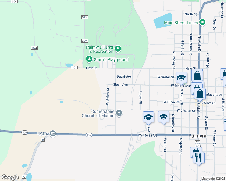 map of restaurants, bars, coffee shops, grocery stores, and more near 113 South Breckenridge Avenue in Palmyra