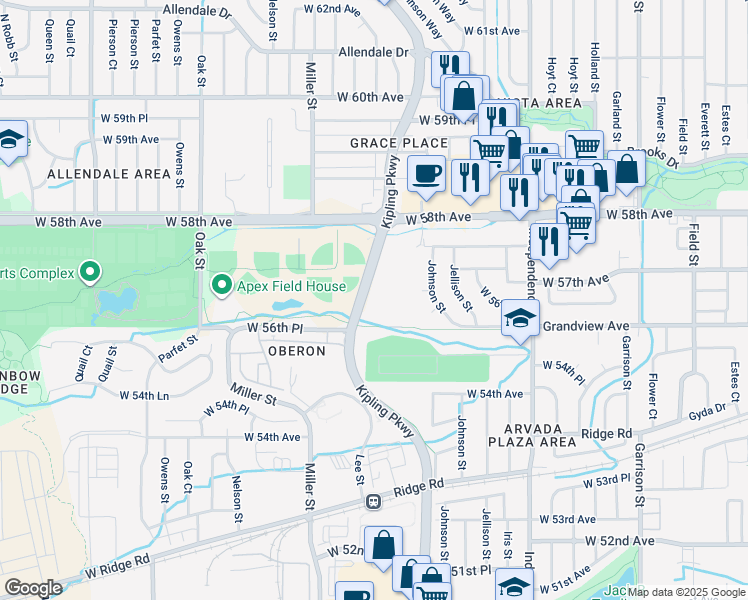 map of restaurants, bars, coffee shops, grocery stores, and more near 5654 Kipling Parkway in Arvada