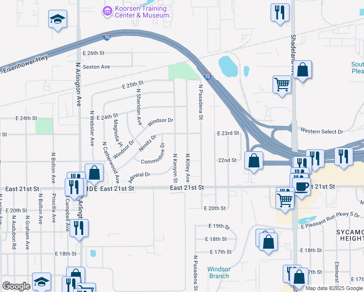 map of restaurants, bars, coffee shops, grocery stores, and more near 2222 North Kitley Avenue in Indianapolis