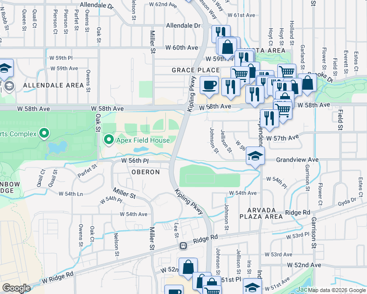 map of restaurants, bars, coffee shops, grocery stores, and more near 5654 Kipling Parkway in Arvada