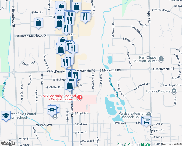 map of restaurants, bars, coffee shops, grocery stores, and more near 209 East McKenzie Road in Greenfield