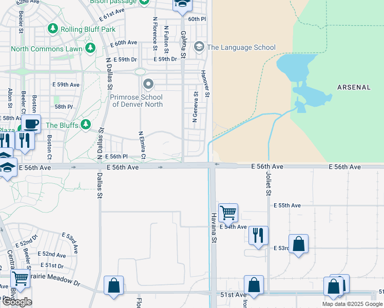 map of restaurants, bars, coffee shops, grocery stores, and more near 10297 East 56th Place in Denver