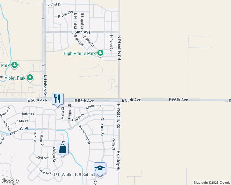 map of restaurants, bars, coffee shops, grocery stores, and more near 5601-6399 Picadilly Road in Aurora