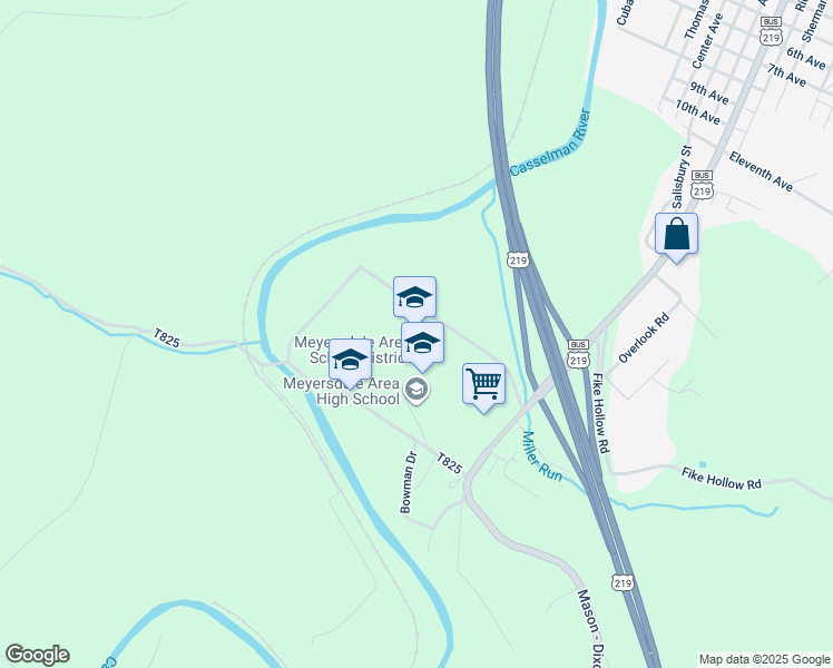 map of restaurants, bars, coffee shops, grocery stores, and more near 1345 Shaw Mines Road in Meyersdale