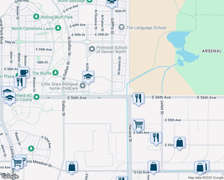 map of restaurants, bars, coffee shops, grocery stores, and more near 5654 North Galena Street in Denver