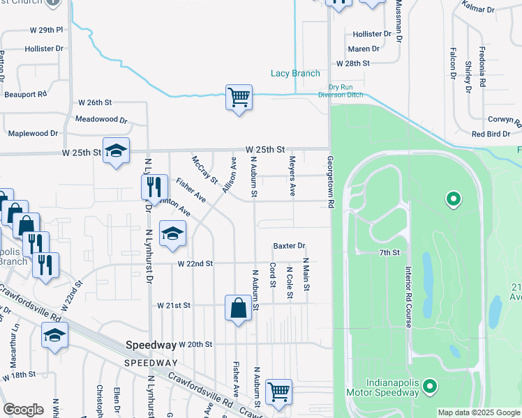 map of restaurants, bars, coffee shops, grocery stores, and more near 4953 McCray Street in Speedway