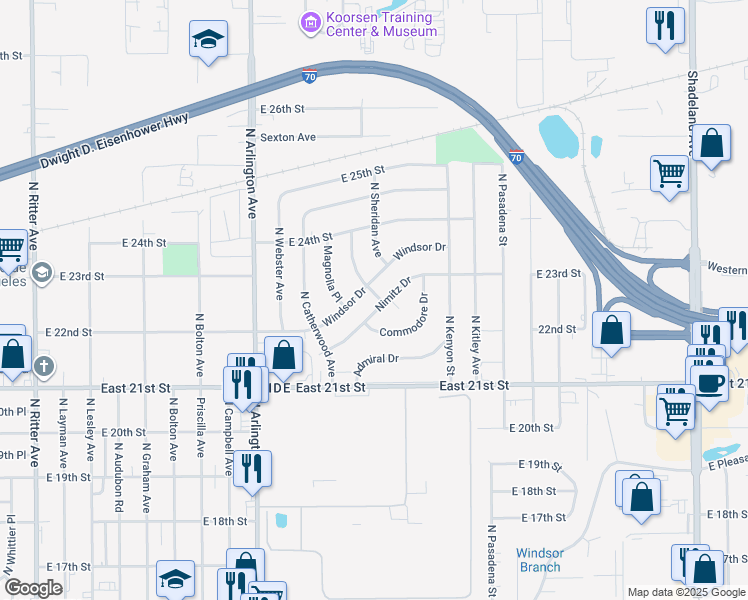 map of restaurants, bars, coffee shops, grocery stores, and more near 2260 Barnor Drive in Indianapolis