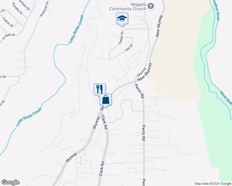 map of restaurants, bars, coffee shops, grocery stores, and more near 9262 Skyway in Paradise