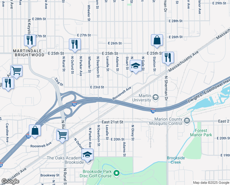 map of restaurants, bars, coffee shops, grocery stores, and more near 2267 East Adams Street in Indianapolis