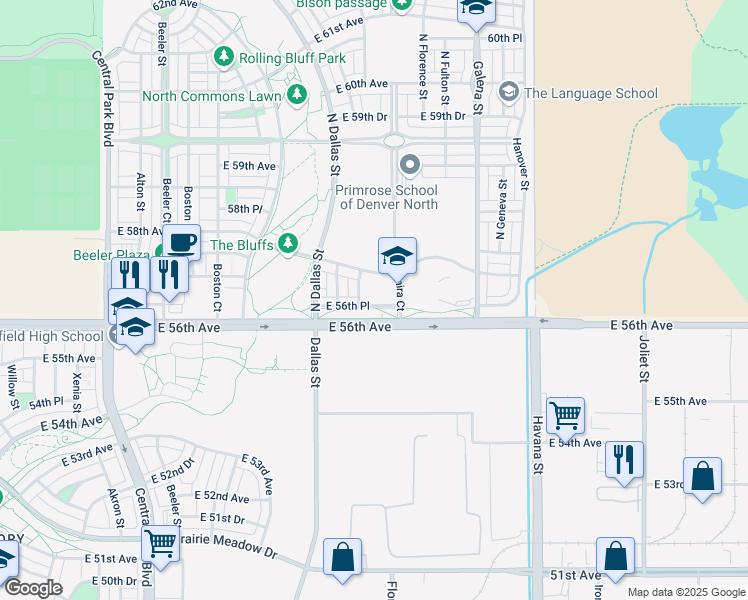 map of restaurants, bars, coffee shops, grocery stores, and more near 9815 East 56th Place in Denver