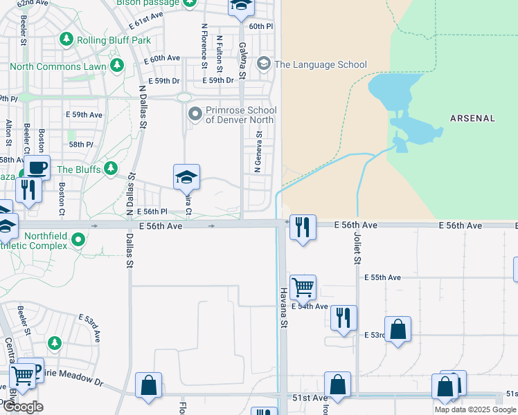 map of restaurants, bars, coffee shops, grocery stores, and more near 10337 East 56th Place in Denver