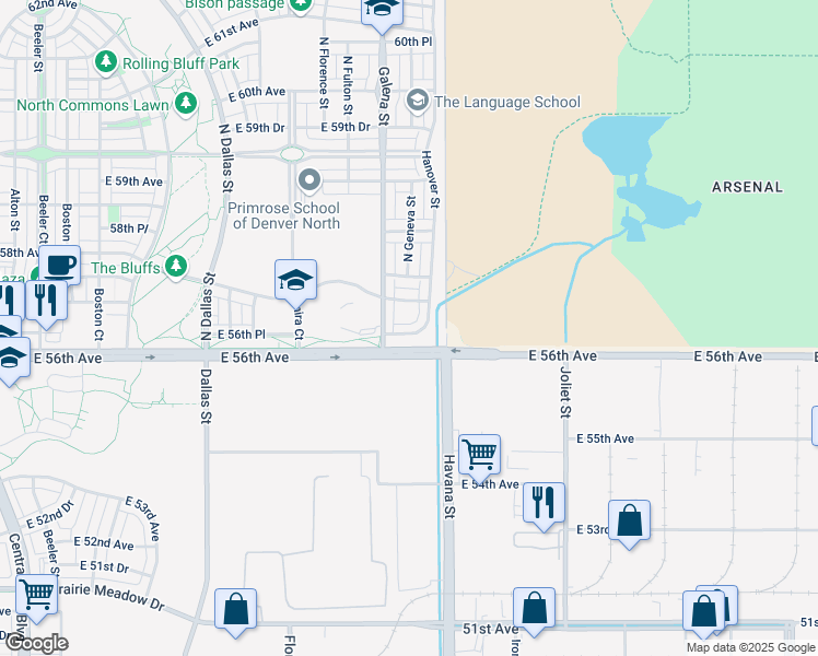 map of restaurants, bars, coffee shops, grocery stores, and more near 10288 East 57th Avenue in Denver