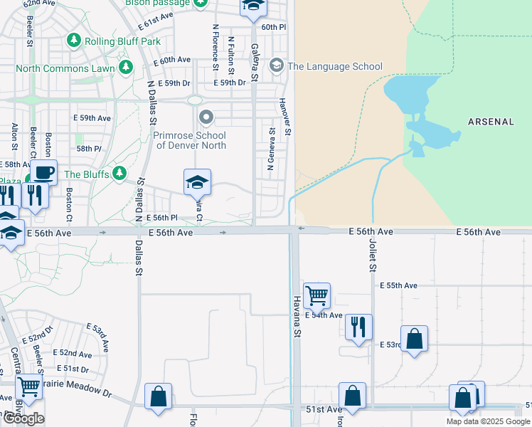 map of restaurants, bars, coffee shops, grocery stores, and more near 10288 East 57th Avenue in Denver