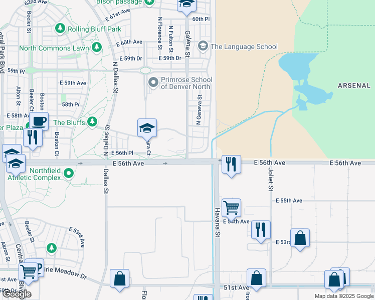 map of restaurants, bars, coffee shops, grocery stores, and more near 10288 East 57th Avenue in Denver