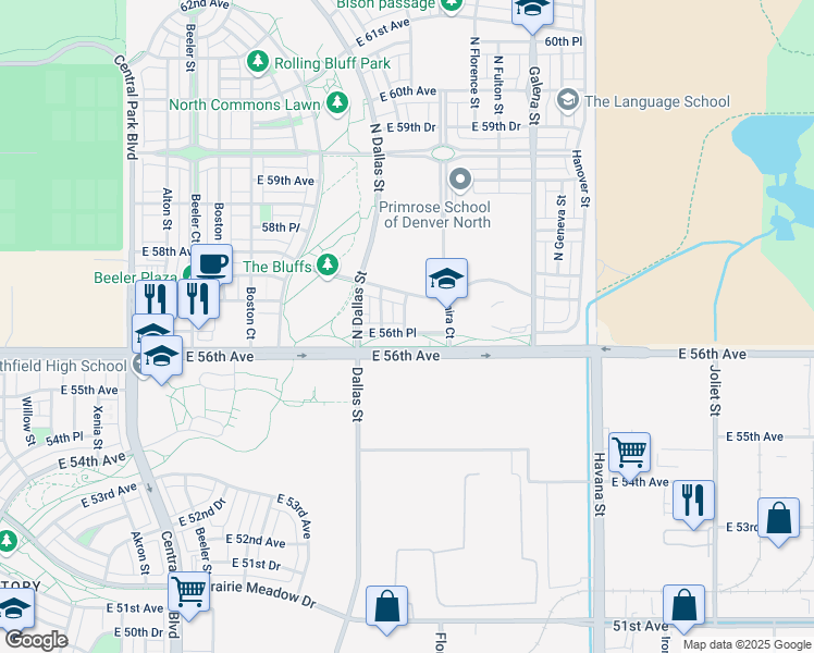map of restaurants, bars, coffee shops, grocery stores, and more near 9703 East 56th Avenue in Denver