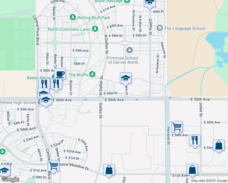 map of restaurants, bars, coffee shops, grocery stores, and more near 9703 East 56th Avenue in Denver