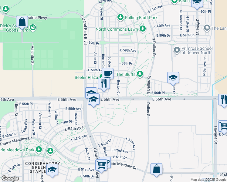 map of restaurants, bars, coffee shops, grocery stores, and more near 5701 Boston Court in Denver