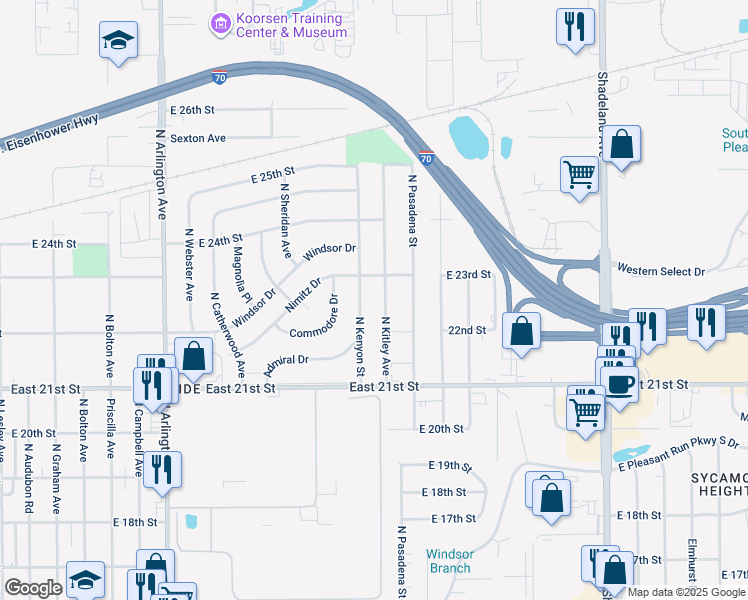 map of restaurants, bars, coffee shops, grocery stores, and more near 2222 North Kitley Avenue in Indianapolis