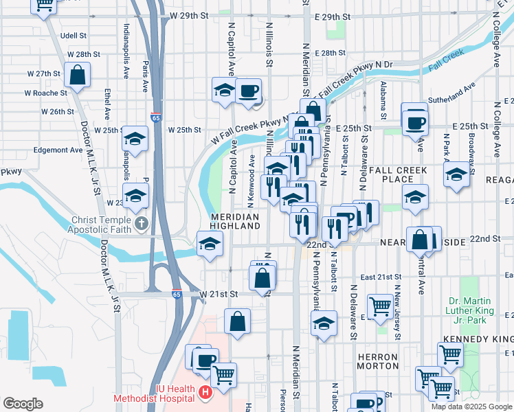 map of restaurants, bars, coffee shops, grocery stores, and more near 2315 North Kenwood Avenue in Indianapolis