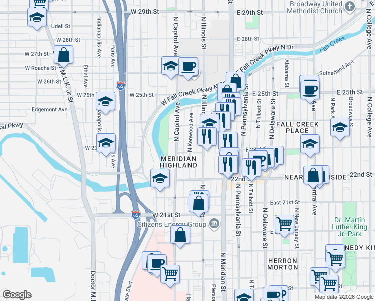 map of restaurants, bars, coffee shops, grocery stores, and more near 2315 North Kenwood Avenue in Indianapolis