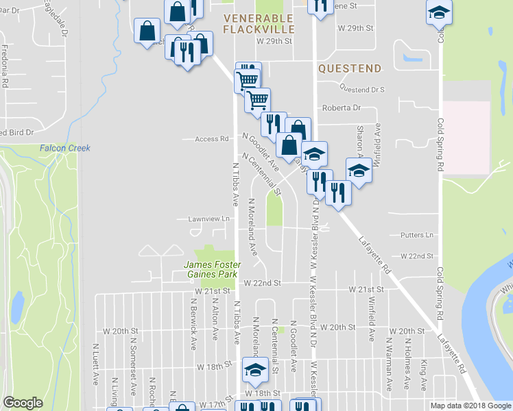 map of restaurants, bars, coffee shops, grocery stores, and more near 2338 Groff Avenue in Indianapolis