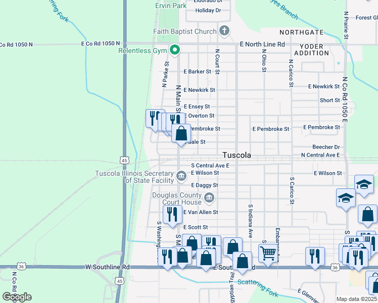 map of restaurants, bars, coffee shops, grocery stores, and more near 101-199 East Sale Street in Tuscola