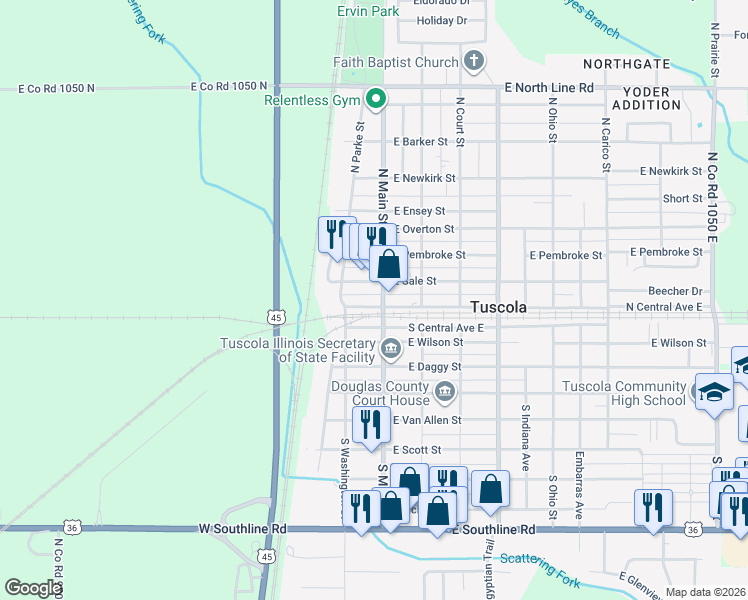 map of restaurants, bars, coffee shops, grocery stores, and more near 117 West Sale Street in Tuscola