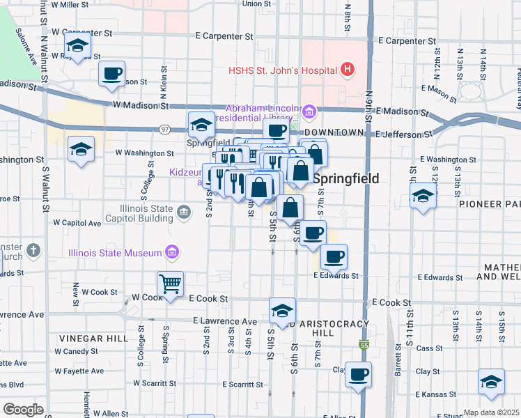 map of restaurants, bars, coffee shops, grocery stores, and more near in Springfield
