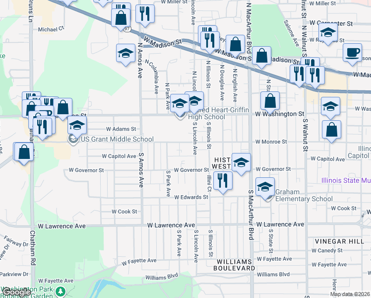 map of restaurants, bars, coffee shops, grocery stores, and more near 1230 West Monroe Street in Springfield