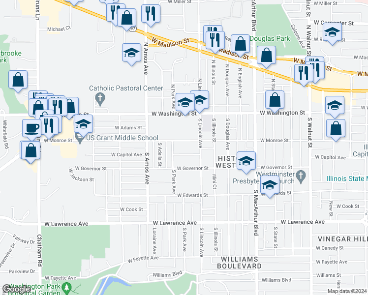 map of restaurants, bars, coffee shops, grocery stores, and more near 1230 West Monroe Street in Springfield