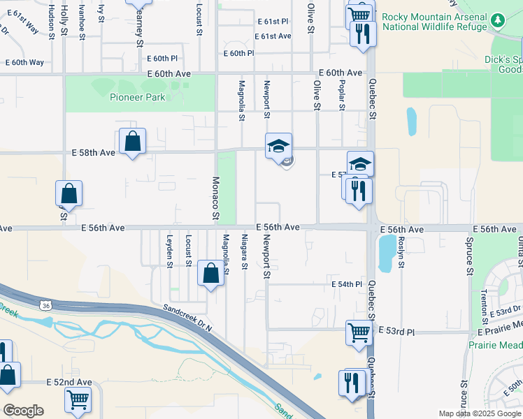 map of restaurants, bars, coffee shops, grocery stores, and more near 5670 Niagara Street in Commerce City