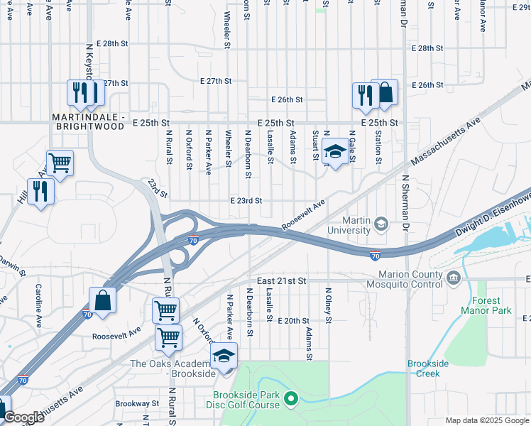 map of restaurants, bars, coffee shops, grocery stores, and more near 2263 North Lasalle Street in Indianapolis