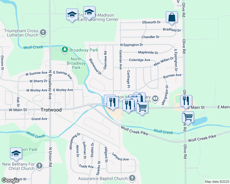 map of restaurants, bars, coffee shops, grocery stores, and more near 400 Burman Avenue in Trotwood
