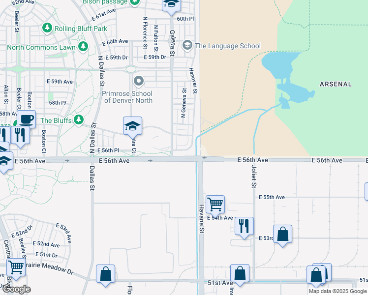 map of restaurants, bars, coffee shops, grocery stores, and more near 10337 East 56th Place in Denver
