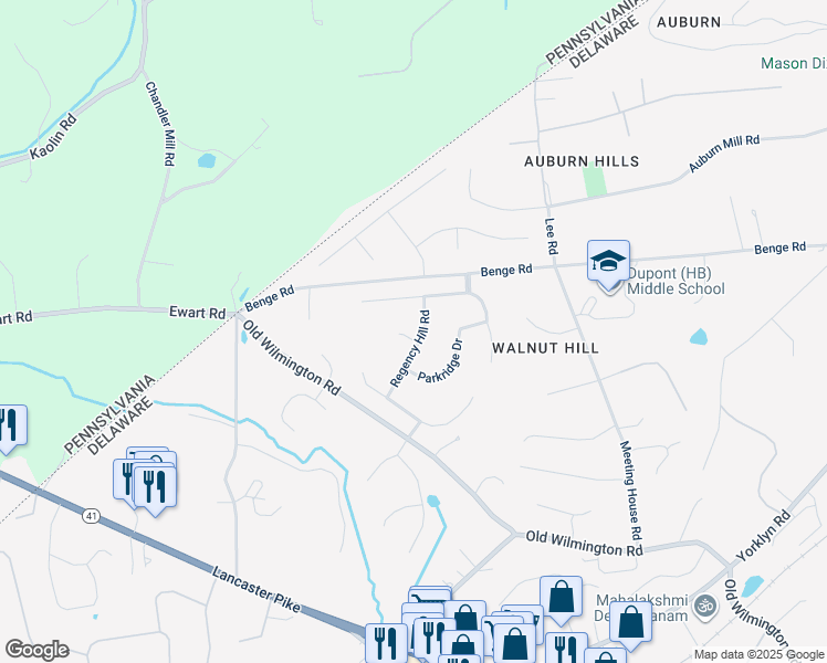 map of restaurants, bars, coffee shops, grocery stores, and more near 715 Regency Hill Road in Hockessin