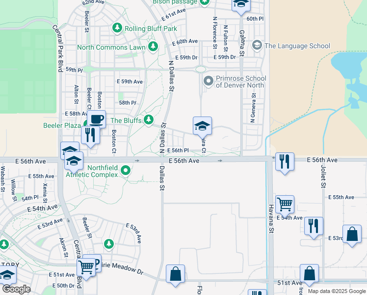 map of restaurants, bars, coffee shops, grocery stores, and more near 5652 North Emporia Street in Denver