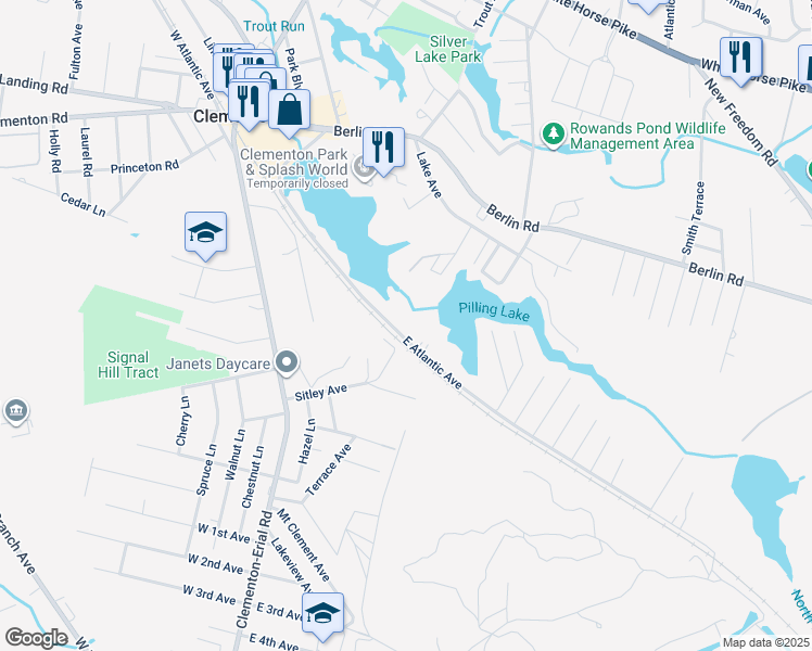 map of restaurants, bars, coffee shops, grocery stores, and more near 123 East Atlantic Avenue in Clementon