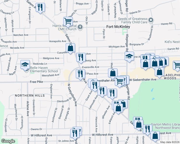 map of restaurants, bars, coffee shops, grocery stores, and more near 3746 Evansville Avenue in Dayton