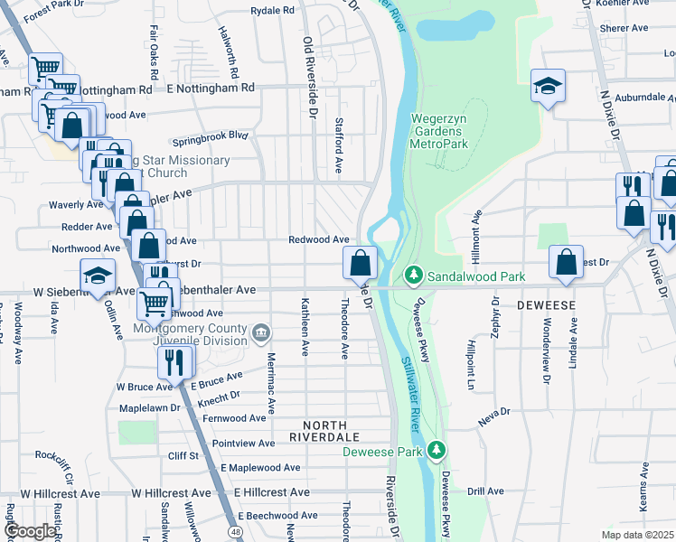 map of restaurants, bars, coffee shops, grocery stores, and more near 448 Sandhurst Drive in Dayton