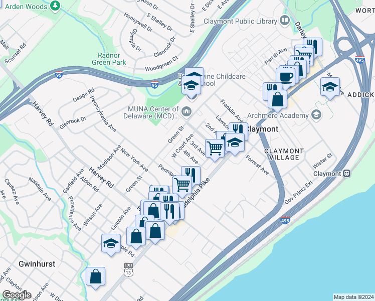 map of restaurants, bars, coffee shops, grocery stores, and more near 52 4th Avenue in Claymont