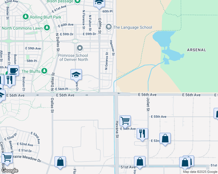 map of restaurants, bars, coffee shops, grocery stores, and more near 10397 East 56th Place in Denver