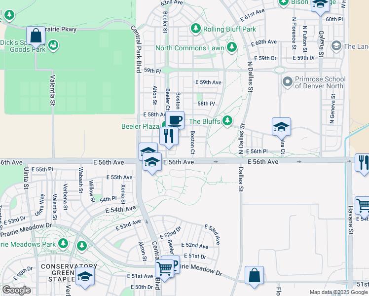 map of restaurants, bars, coffee shops, grocery stores, and more near 9345 East 56th Avenue in Denver