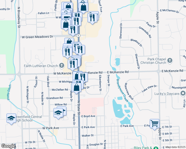 map of restaurants, bars, coffee shops, grocery stores, and more near 209 East McKenzie Road in Greenfield