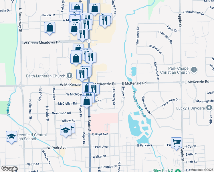 map of restaurants, bars, coffee shops, grocery stores, and more near 209 East McKenzie Road in Greenfield