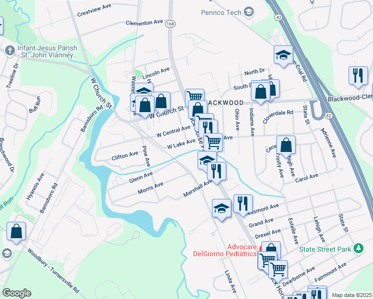 map of restaurants, bars, coffee shops, grocery stores, and more near 26 West Lake Avenue in Gloucester Township