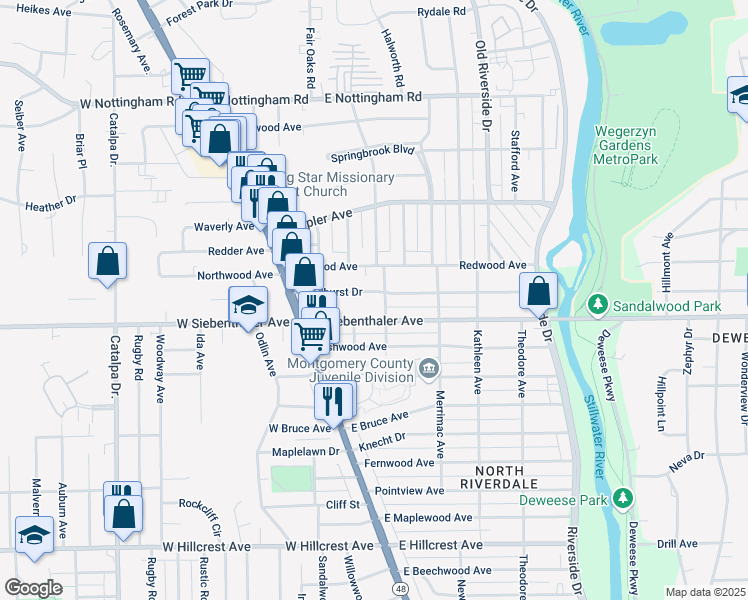map of restaurants, bars, coffee shops, grocery stores, and more near 120 Sandhurst Drive in Dayton