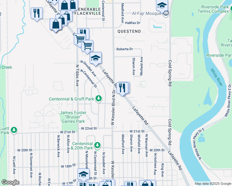 map of restaurants, bars, coffee shops, grocery stores, and more near 2340 Lafayette Road in Indianapolis