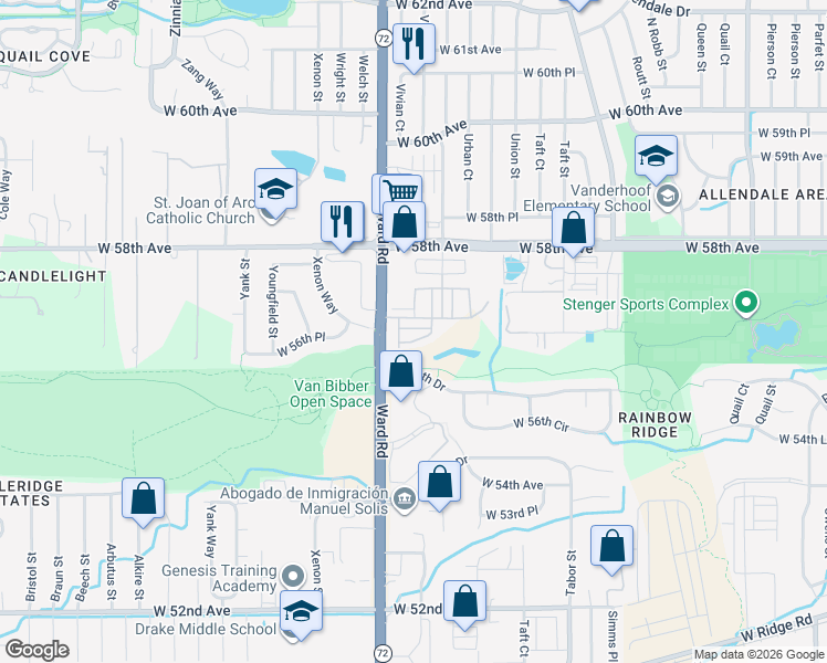 map of restaurants, bars, coffee shops, grocery stores, and more near 5650 Ward Road in Arvada