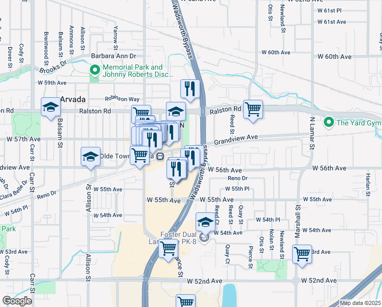 map of restaurants, bars, coffee shops, grocery stores, and more near 7295 West 56th Avenue in Arvada